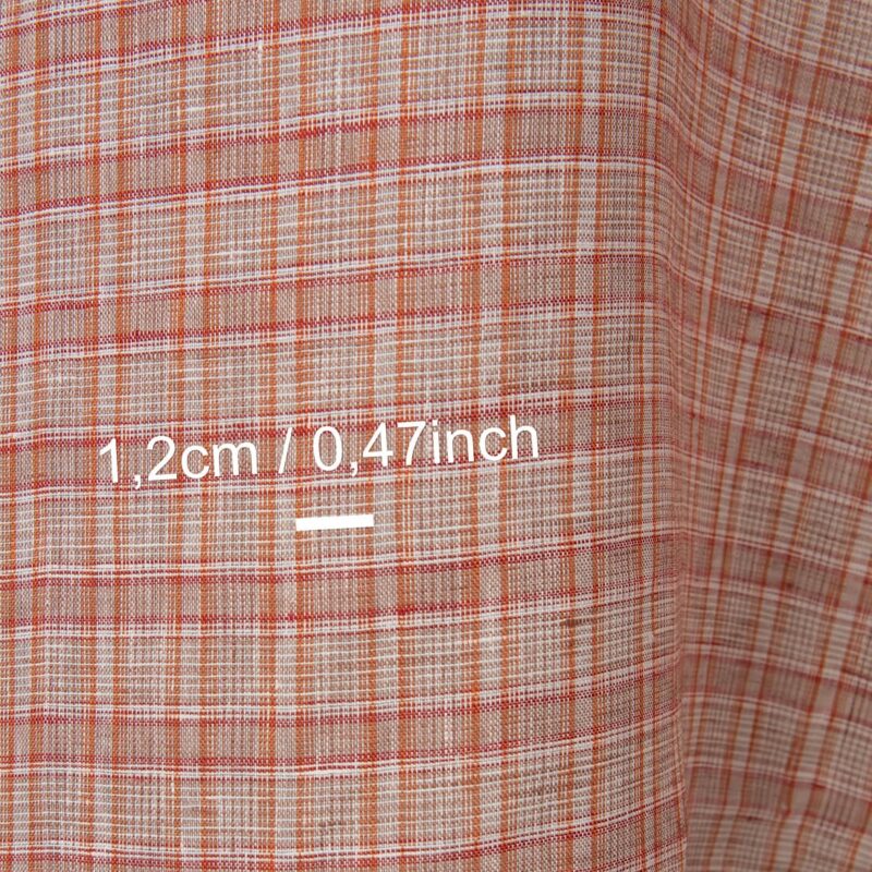 Linen fabric in orange red multicolour checks, with measurements