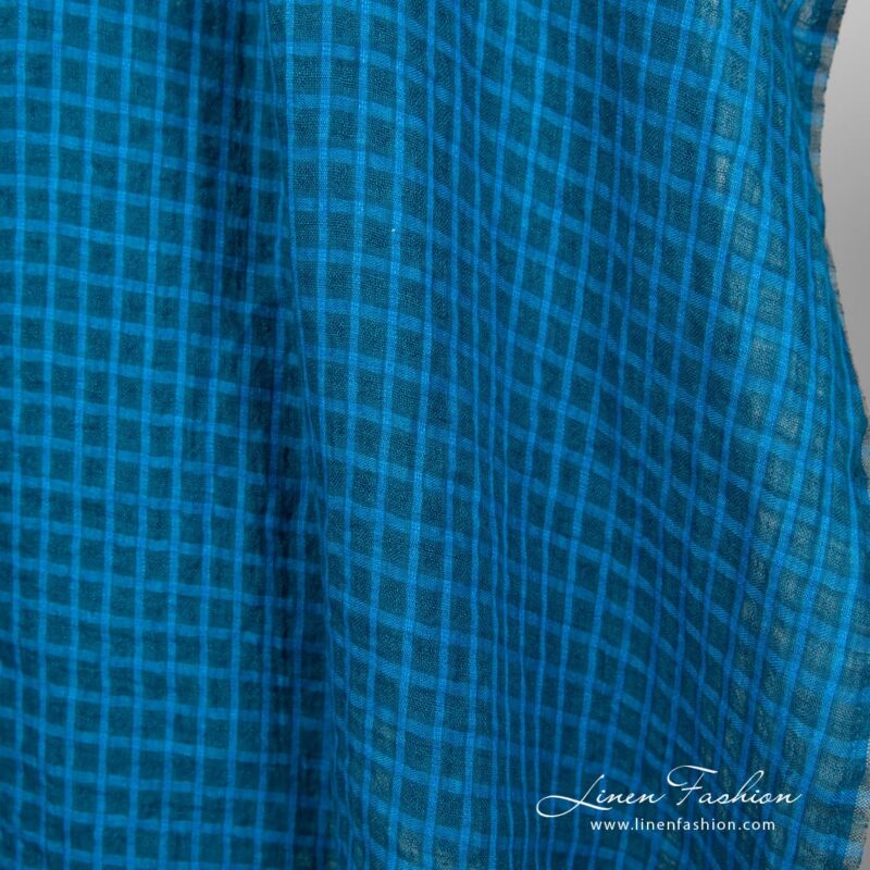 Linen fabric in turquoise and blue checks, specially washed