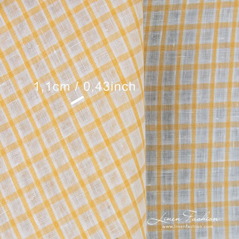 Linen fabric in yellow-white checks, 150cm width
