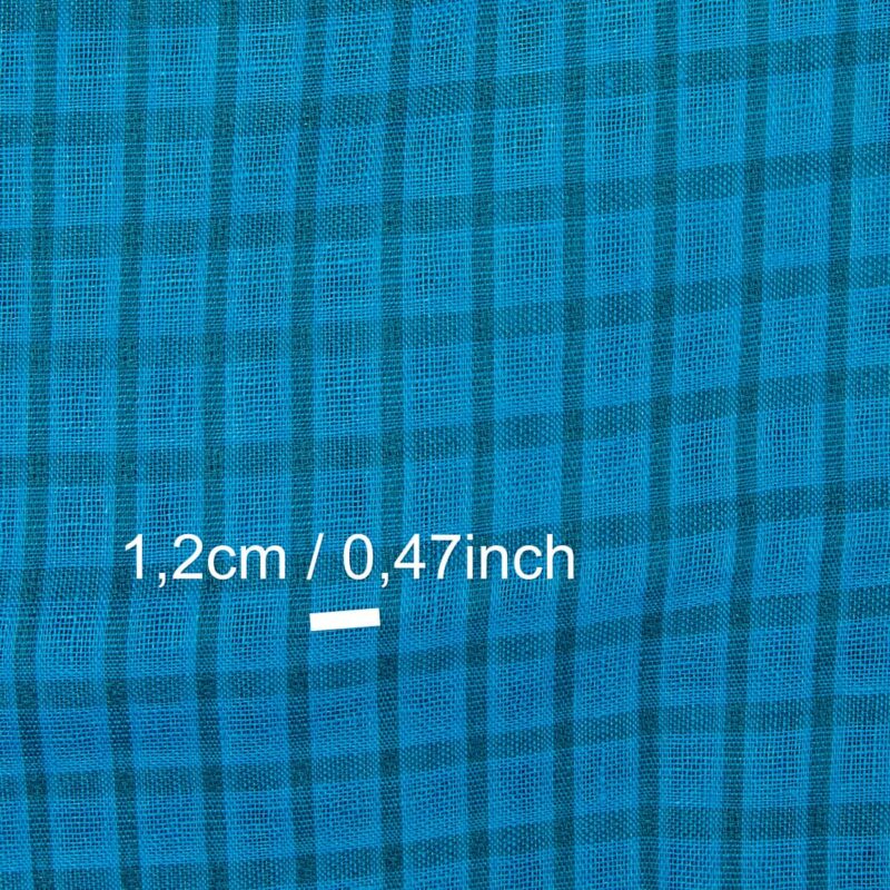 Linen fabric electric blue and turquoise transparent checks, with measurements