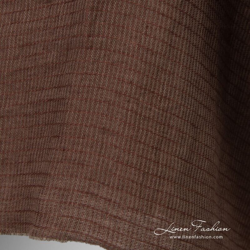 Striped linen fabric in brown color, high quality