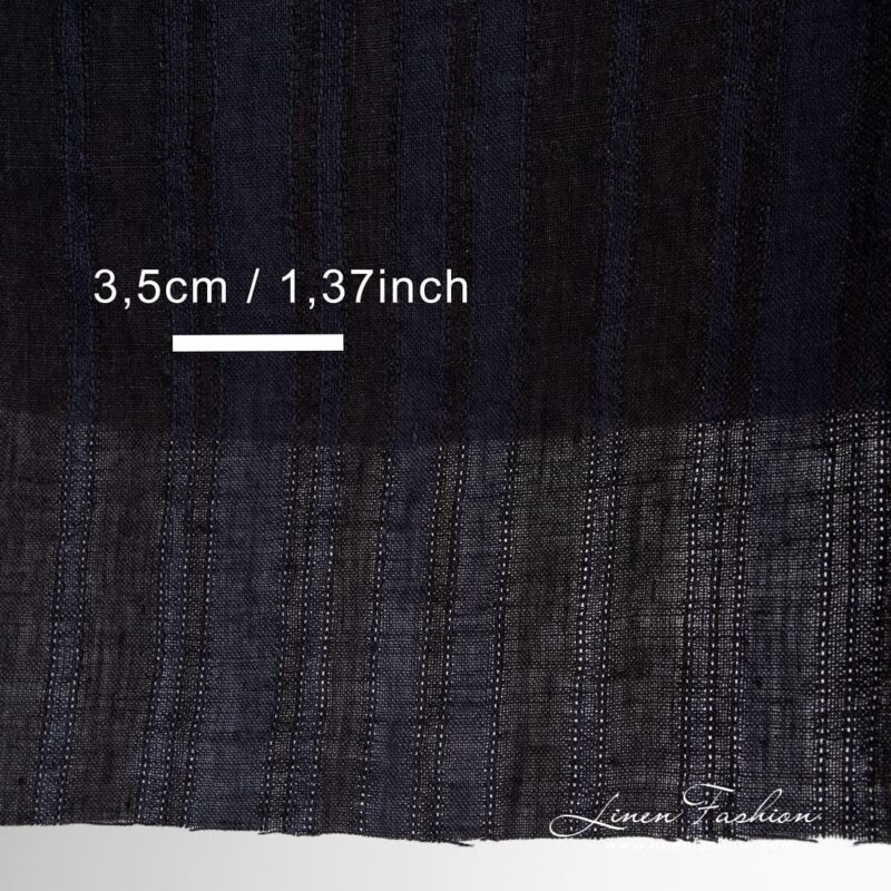 Linen fabric in black and dark blue stripes, washed