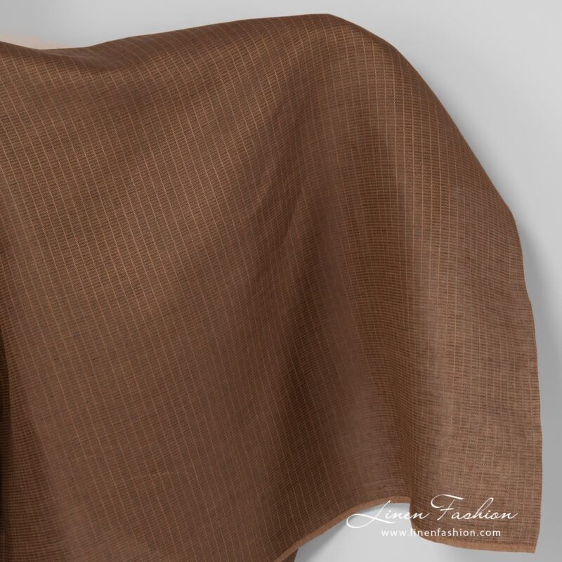 Brown linen fabric in herringbone pattern.