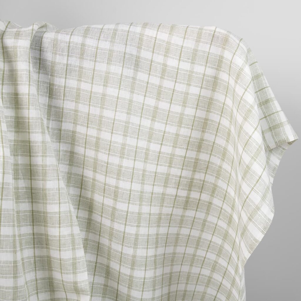 Linen fabric off-white with light olive green checks