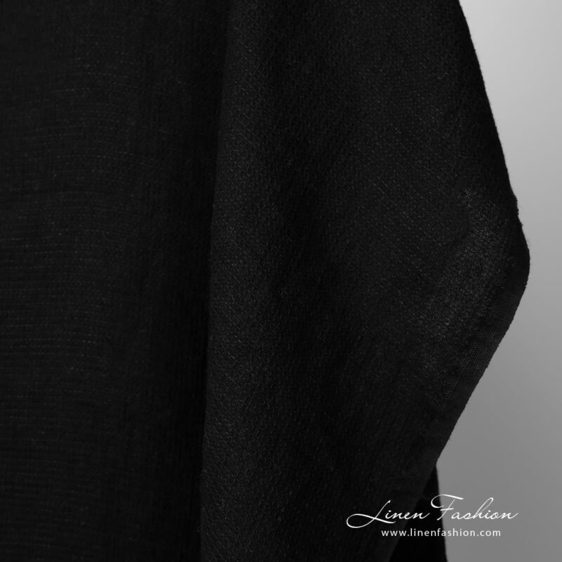 Washed linen fabric solid black waffle edge