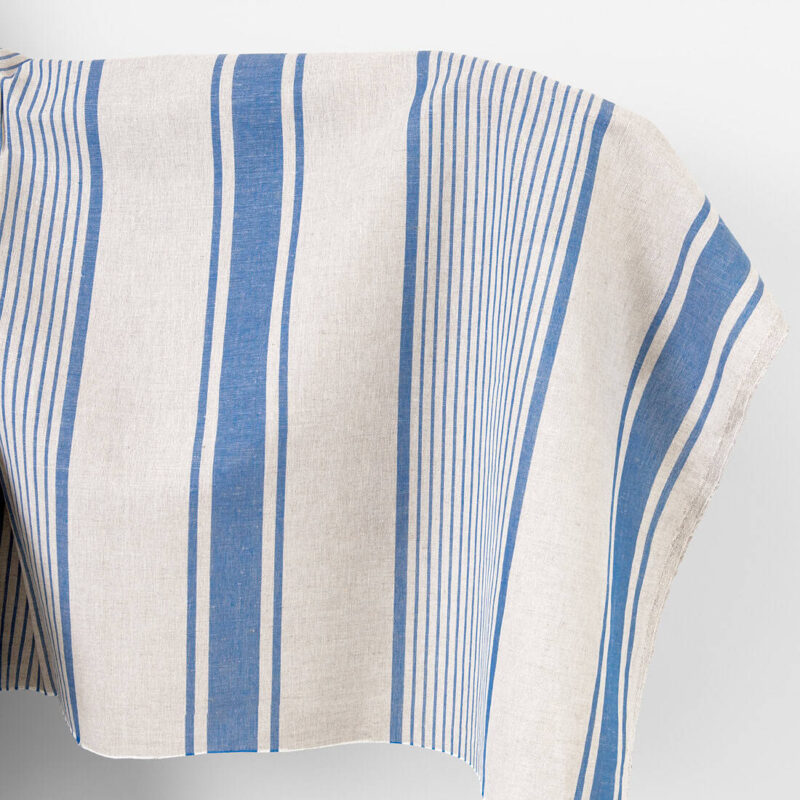 Linen cotton fabric beige with blue stripes