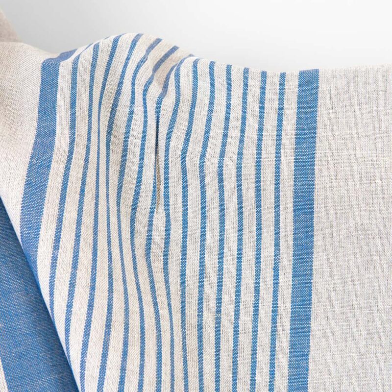 Linen cotton fabric beige with blue stripes, 150cm width