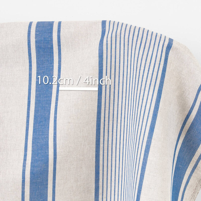 Linen cotton fabric beige with blue stripes, with undyed linen
