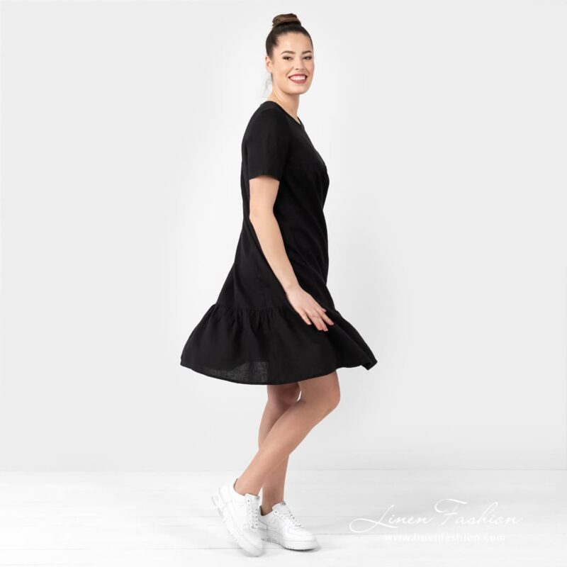 SAVANA black linen dress with short sleeves