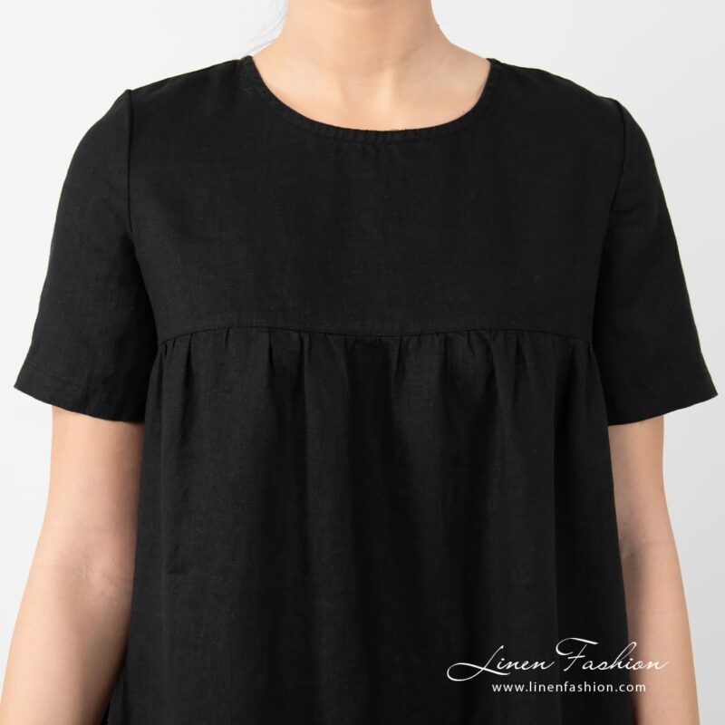 SAVANA black linen dress with round neckline