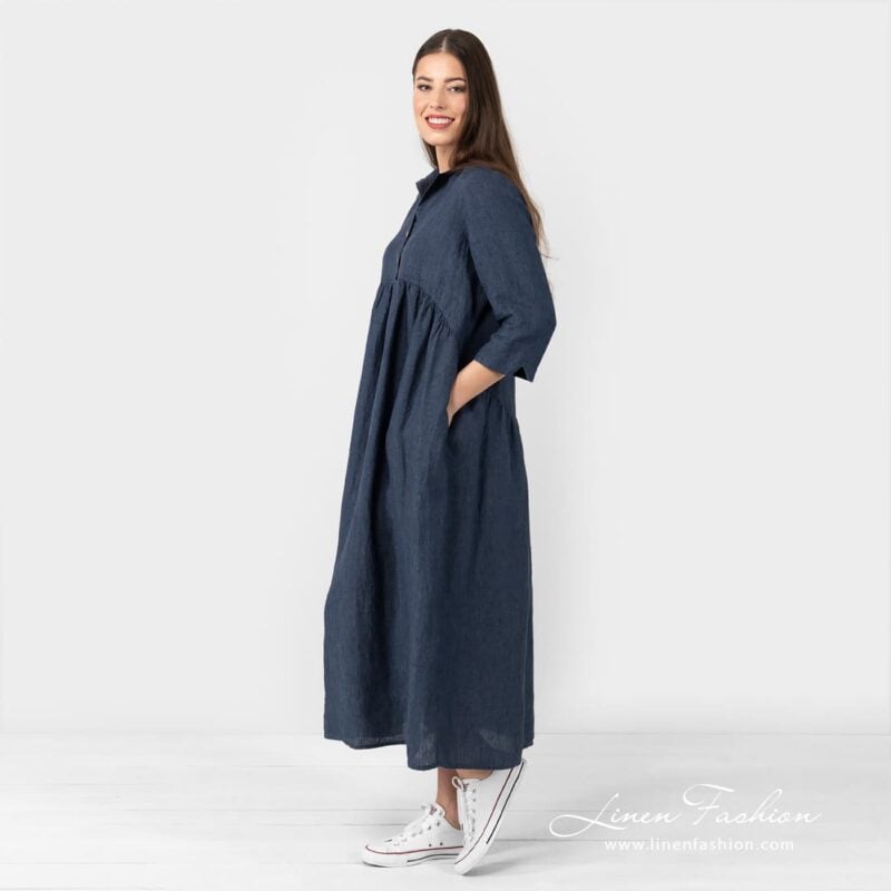 MONTANA dark blue linen dress with pockets