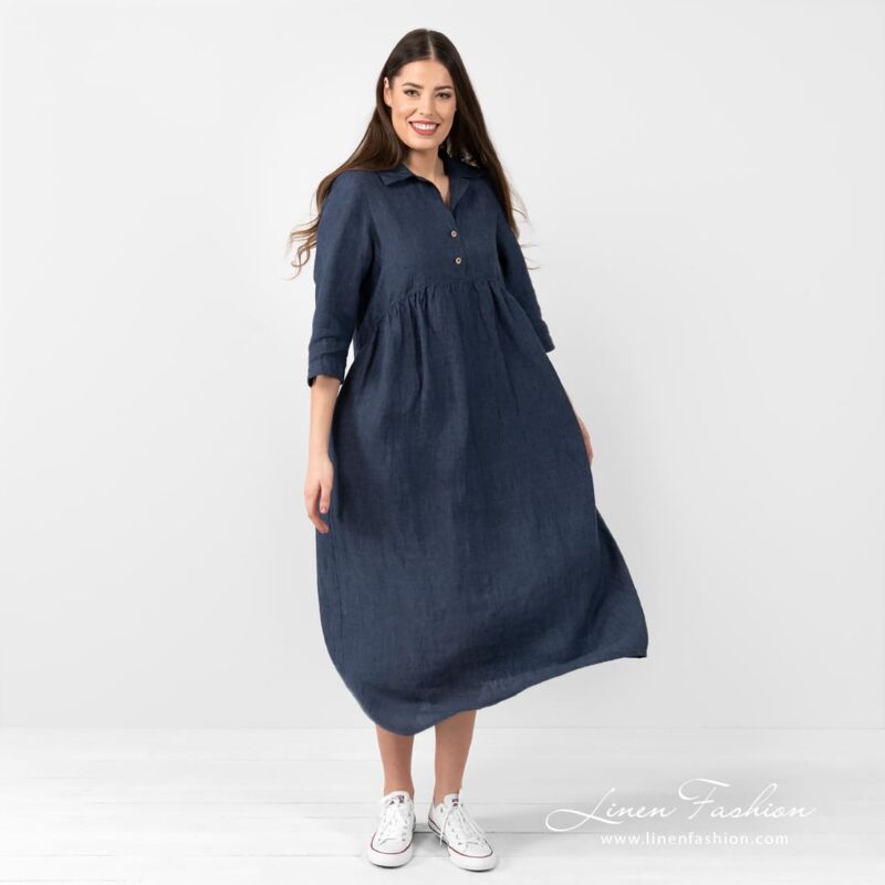 MONTANA dark blue linen dress with wrinckle under chest