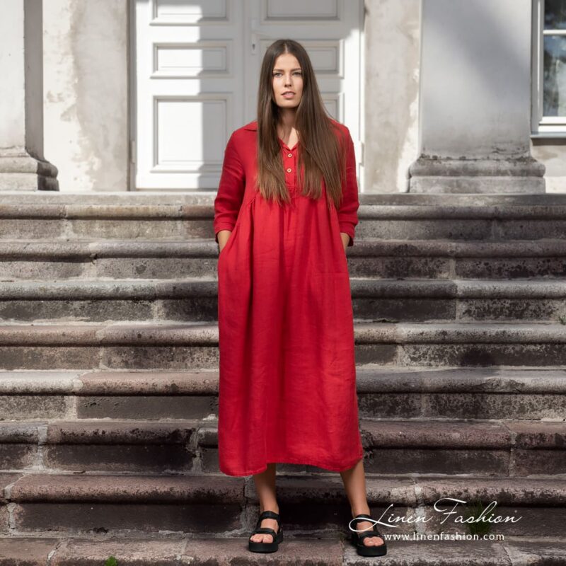 Long red linen dress, specially washed