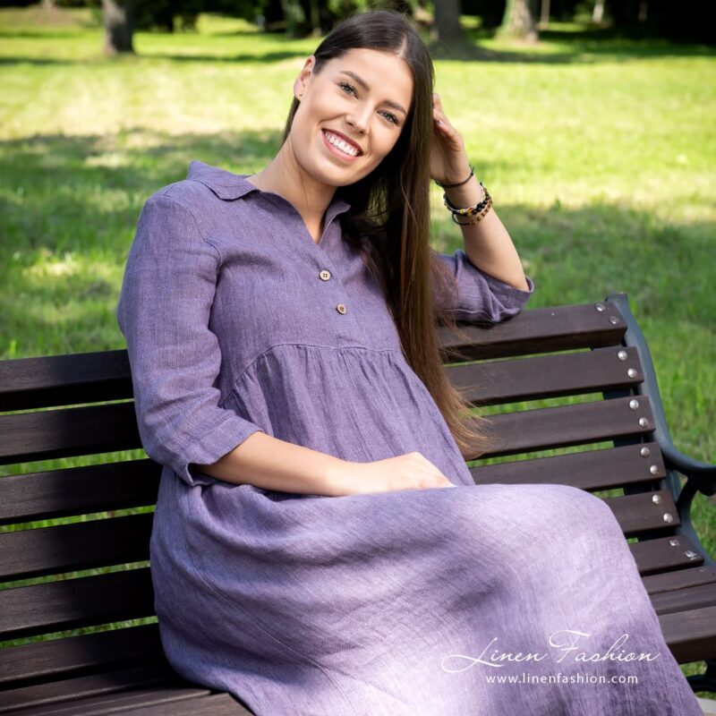 Violet linen dress with 3/4 sleeves