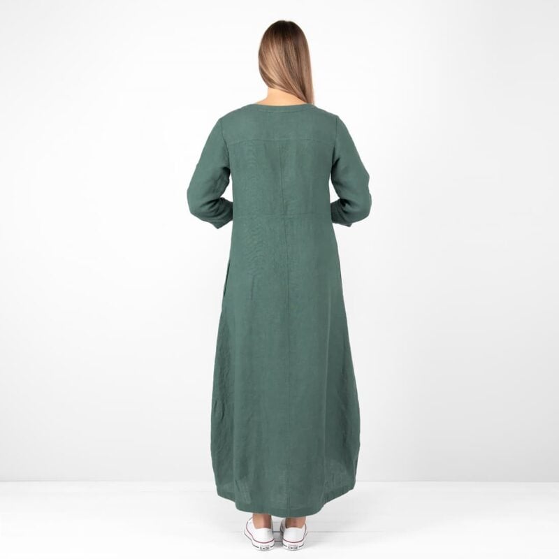 long green linen dress, from backside