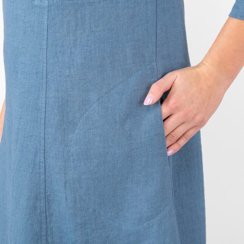 long jeans blue linen dress, with side pockets