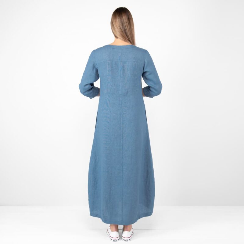 long jeans blue linen dress, full view backside