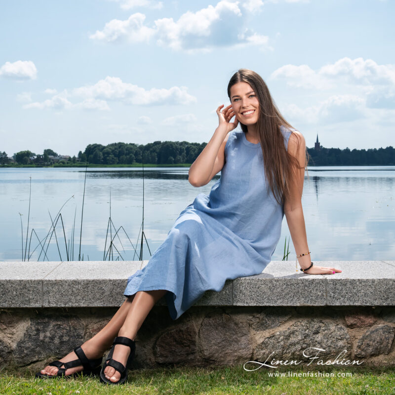 Blue linen dress, specially washed to increase softness