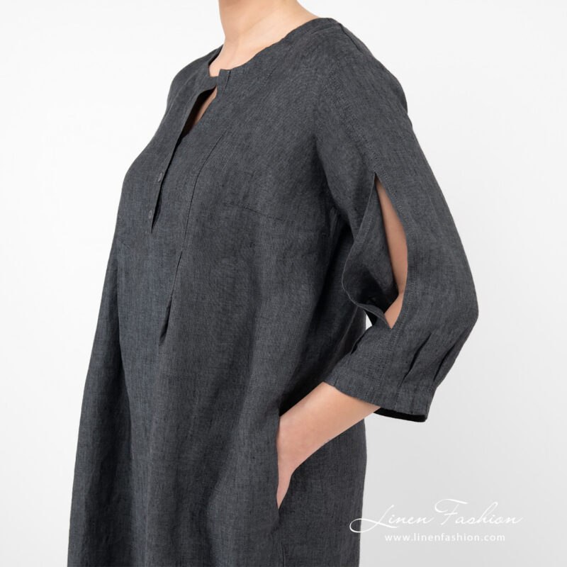 linen dark grey wide dress with open sleeves.