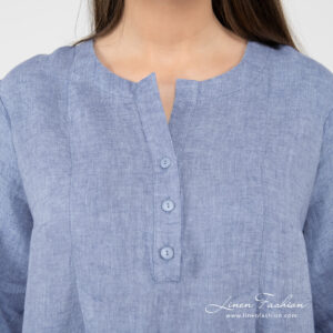 ADELAIDE Kleid himmelblau 20 light blue linen dress with rounded neck button closure.