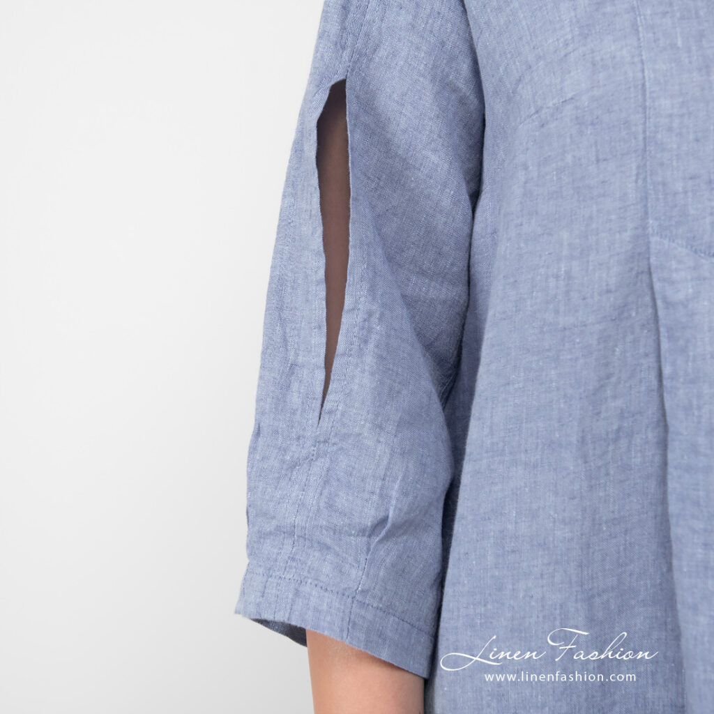 ADELAIDE Kleid himmelblau 5 light blue linen dress with 3/4 sleeves.