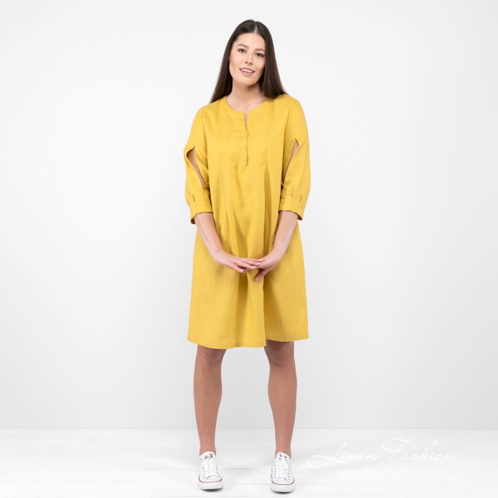 ADELAIDE Kleid senfgelb 2 Linen mustard dress,, front view.