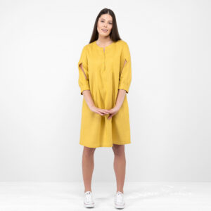 ADELAIDE Kleid senfgelb 14 Linen mustard dress,, front view.