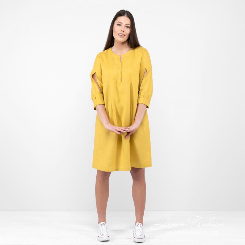 Linen mustard dress,, front view.