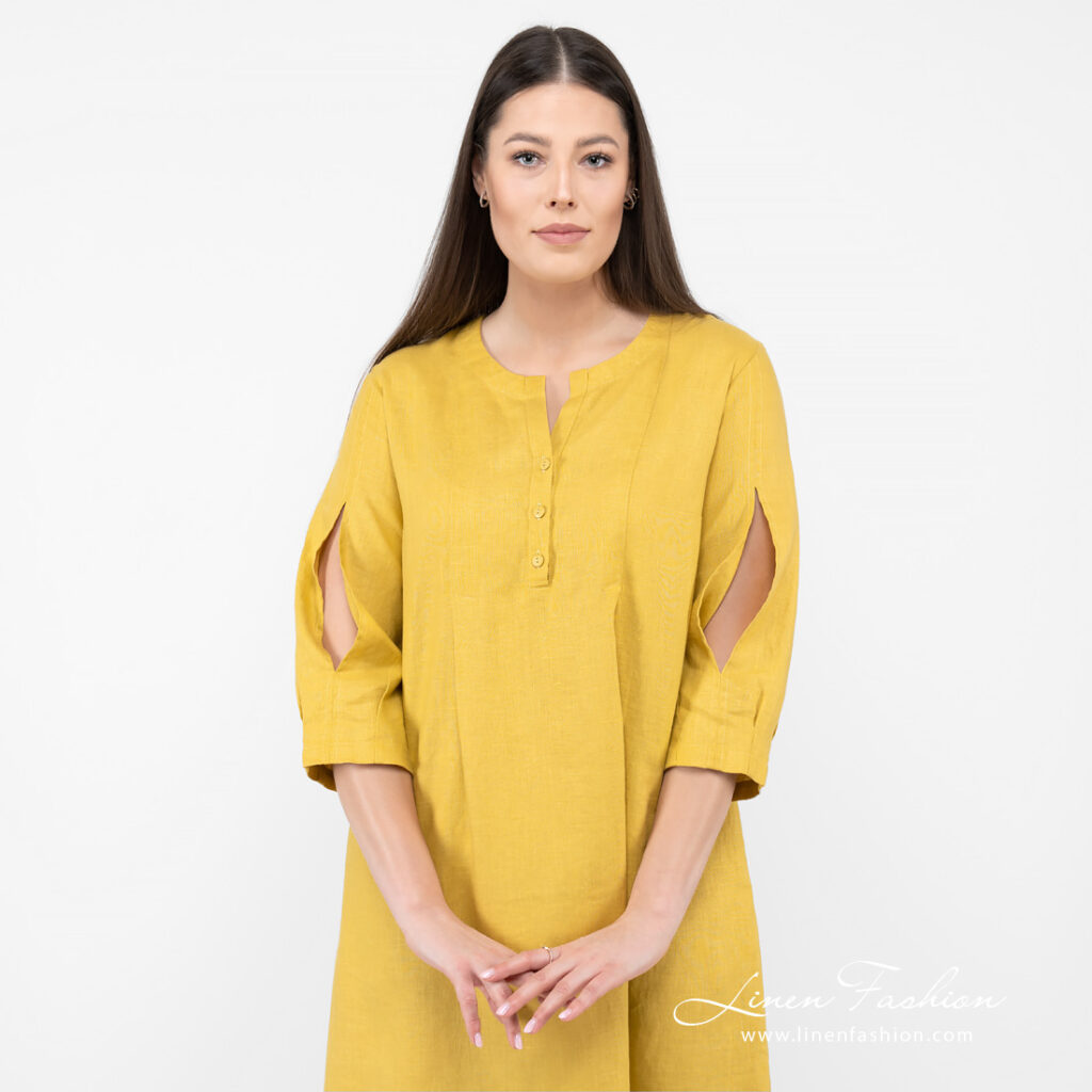 ADELAIDE Kleid senfgelb 3 Linen mustard dress, widening silhuette.