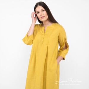 ADELAIDE Kleid senfgelb 16 Linen mustard dress rounded neck with buttons.