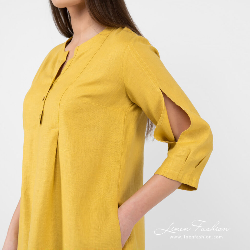 ADELAIDE Kleid senfgelb 5 Linen mustard dress with open sleeves.