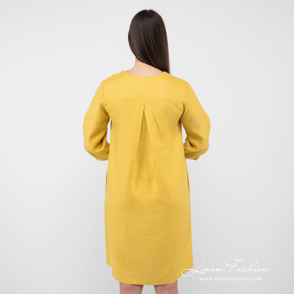 ADELAIDE Kleid senfgelb 6 Linen mustard dress from backside.