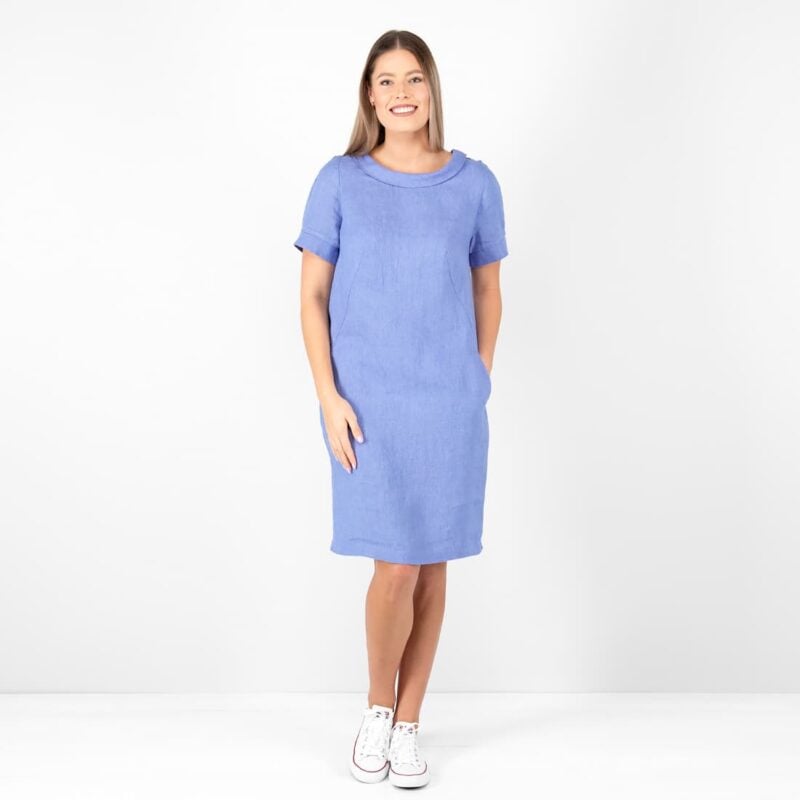 blue linen dress midi, washed