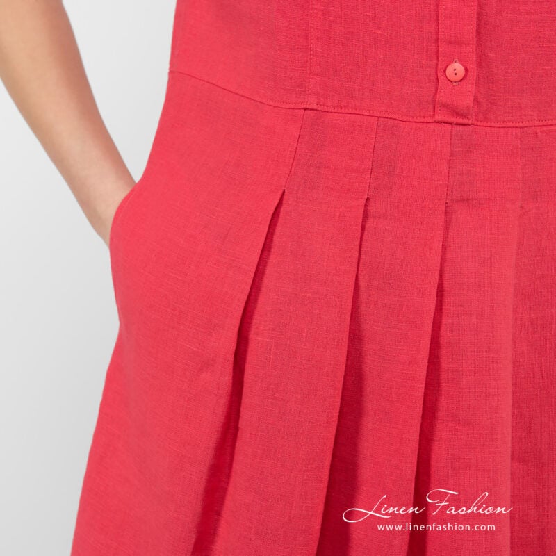 raspberry linen dress with folds and pockets.