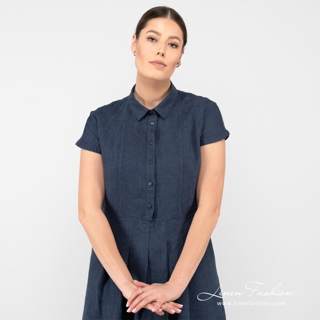 NICOLE Kleid dunkelblau 3 long linen dark blue dress with short sleeves.