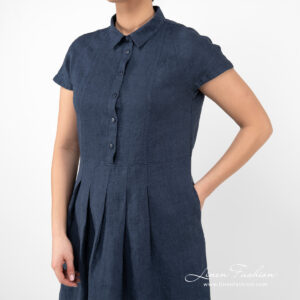 NICOLE Kleid dunkelblau 14 long linen dark blue dress with pockets and buttons.