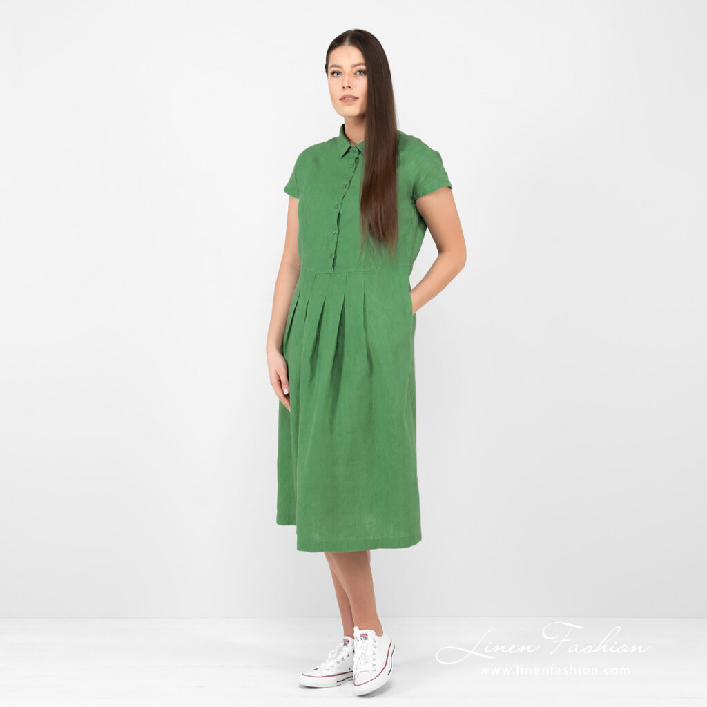 NICOLE Kleid grün 2 linen green long dress, washed.