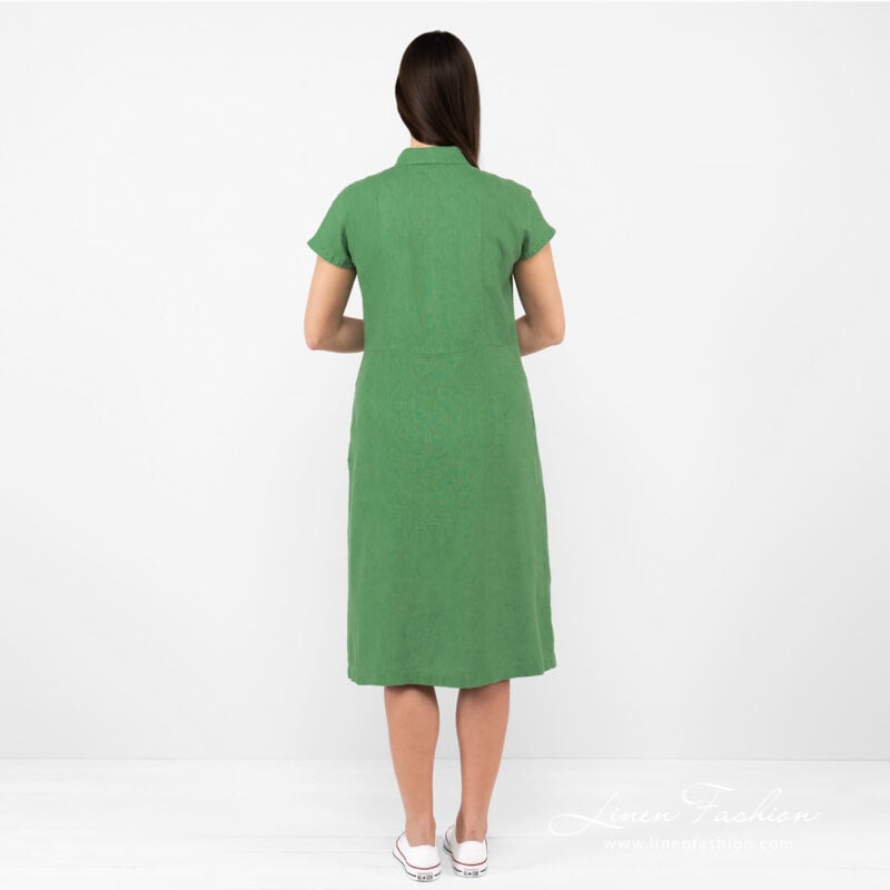 linen green long dress from backside.