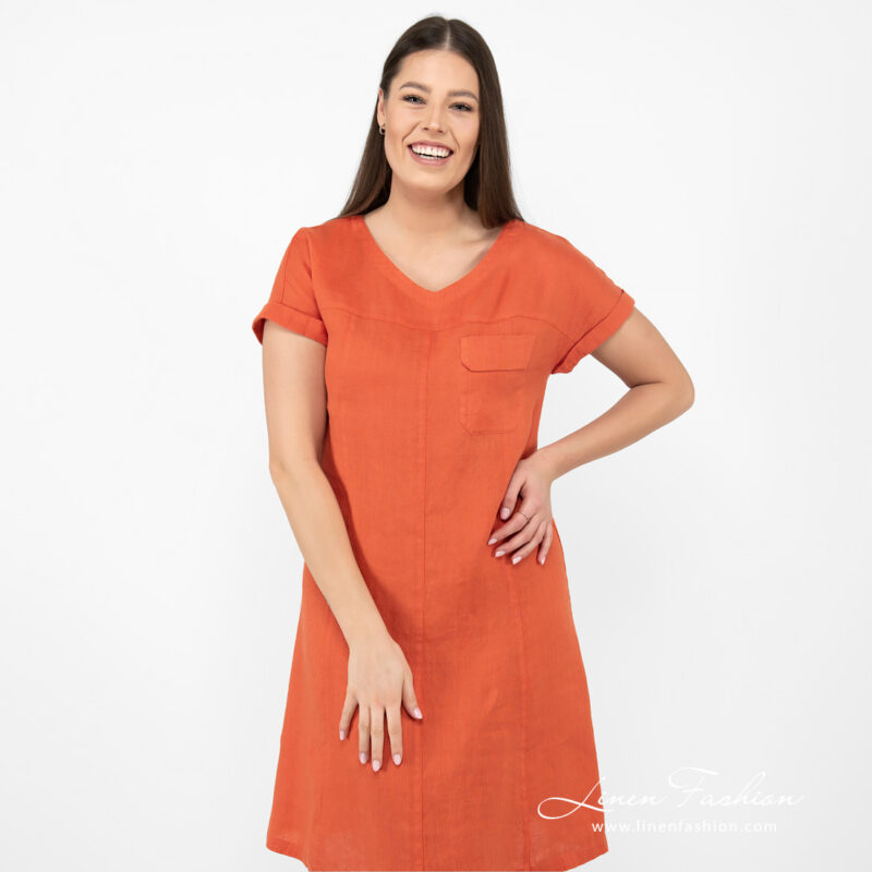 linen orange dress short sleeves.