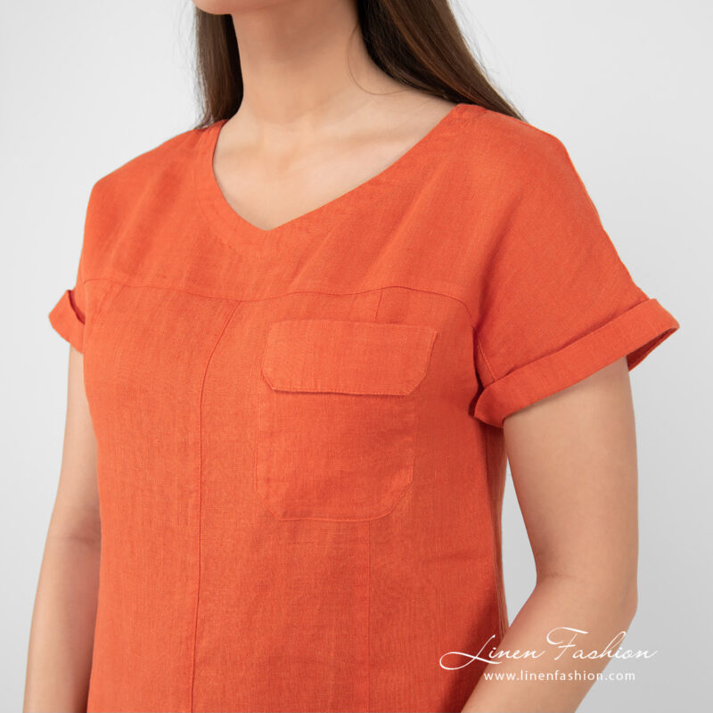 linen orange dress, cargo pocket.