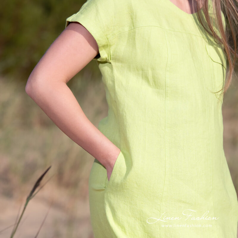 light green linen dress with short sleeves.