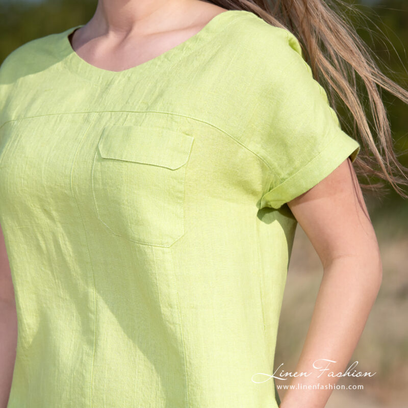 light green linen dress with cargo pocket.
