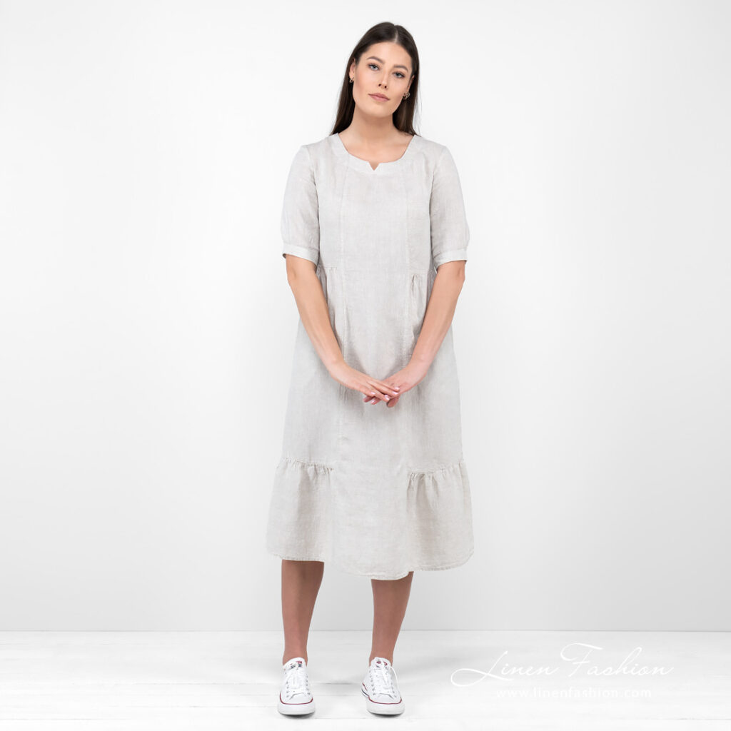 beige long linen dress.