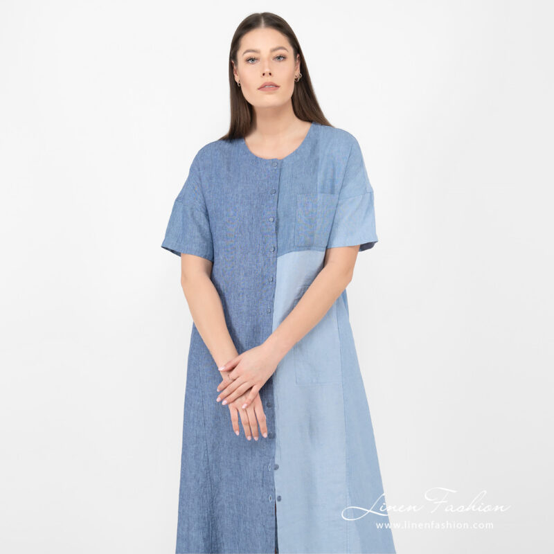 linen long blue shades dress, short sleeves.