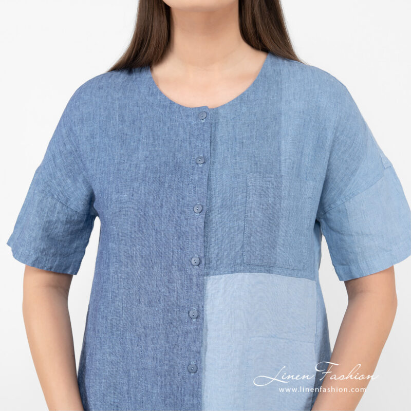 linen long blue shades dress, pocket on from, round neck.