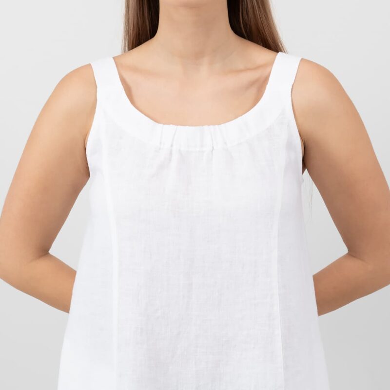 white linen sleevless dress round neck