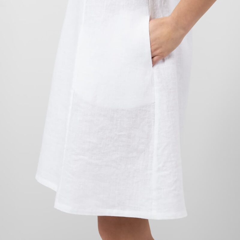 white linen sleevless dress pockets in sides