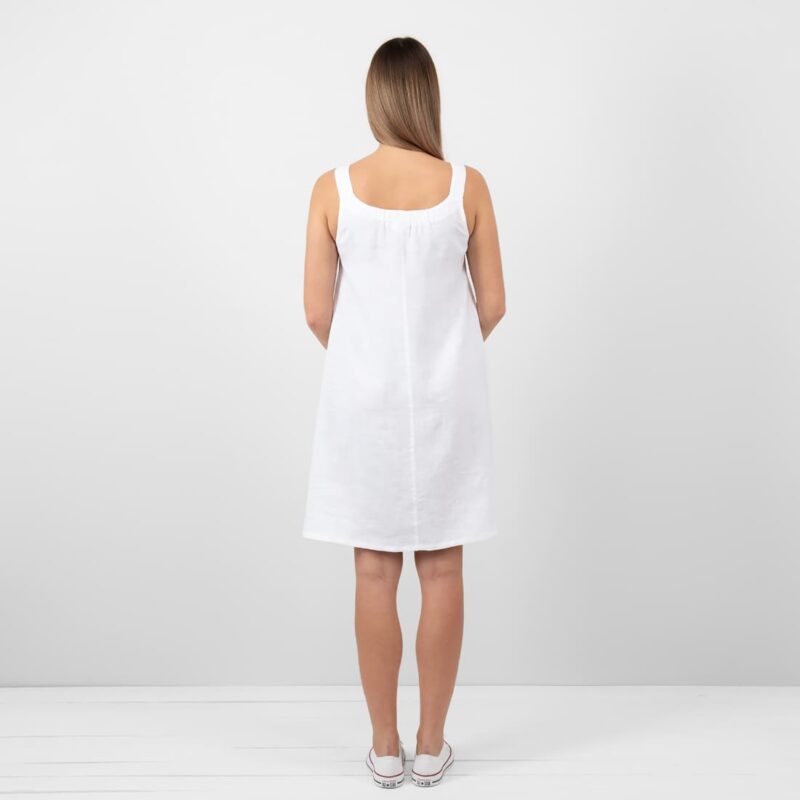 white linen sleevless dress from backside