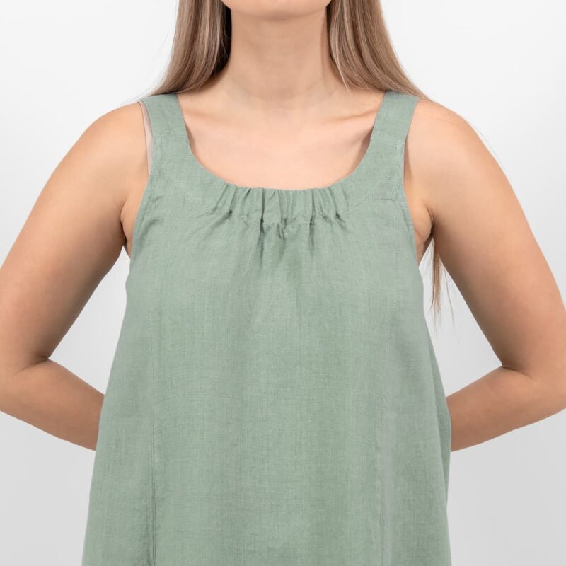 aqua linen dress sleevless, wound neck