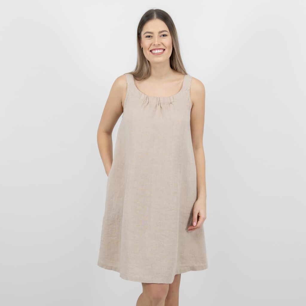 MINA Kleid taupe 3 sand linen dress sleevless rounded neck